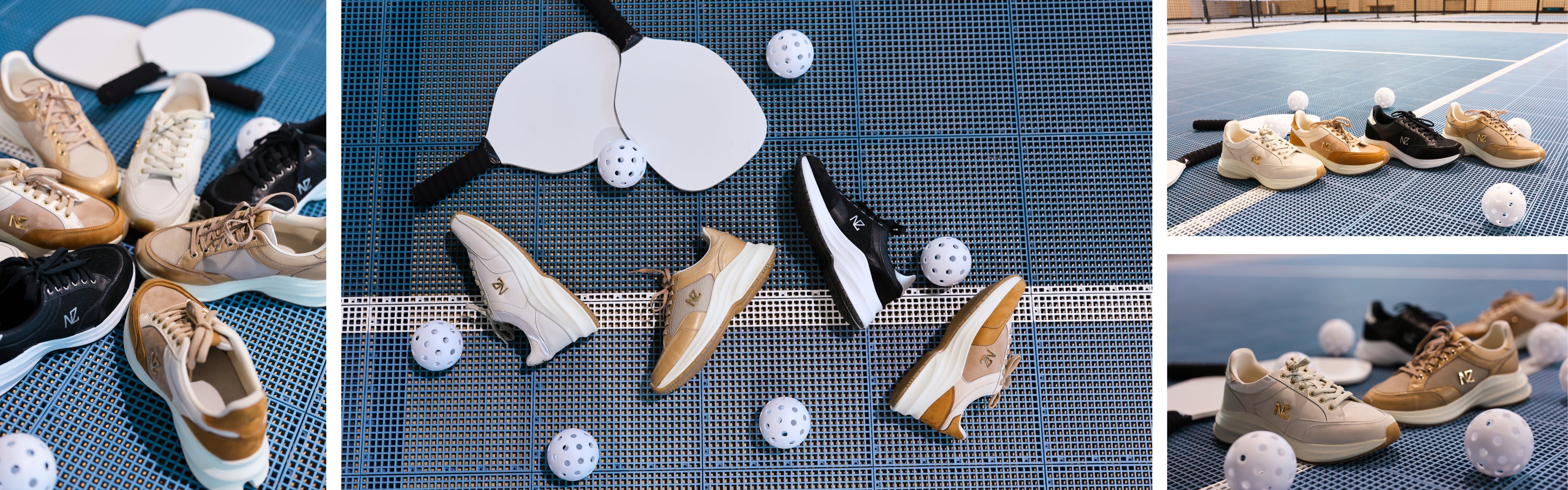 Collage of various shoes and golf balls on a textured surface